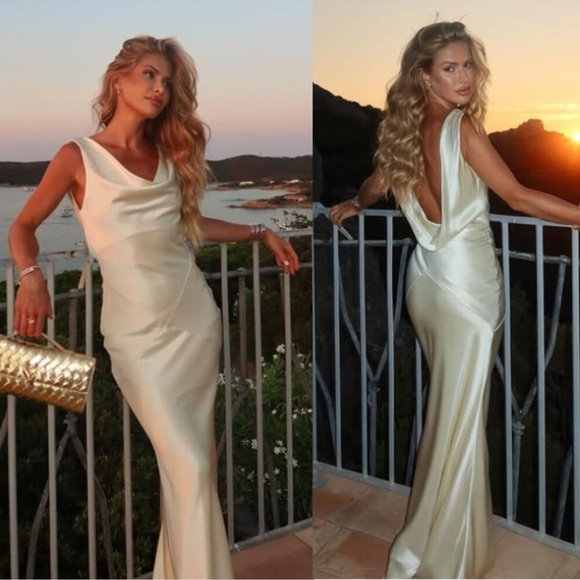 House of CB Safaira Buttermilk Satin Draped Cowl Neck Maxi Dress Size XS NWT! - Picture 3 of 11